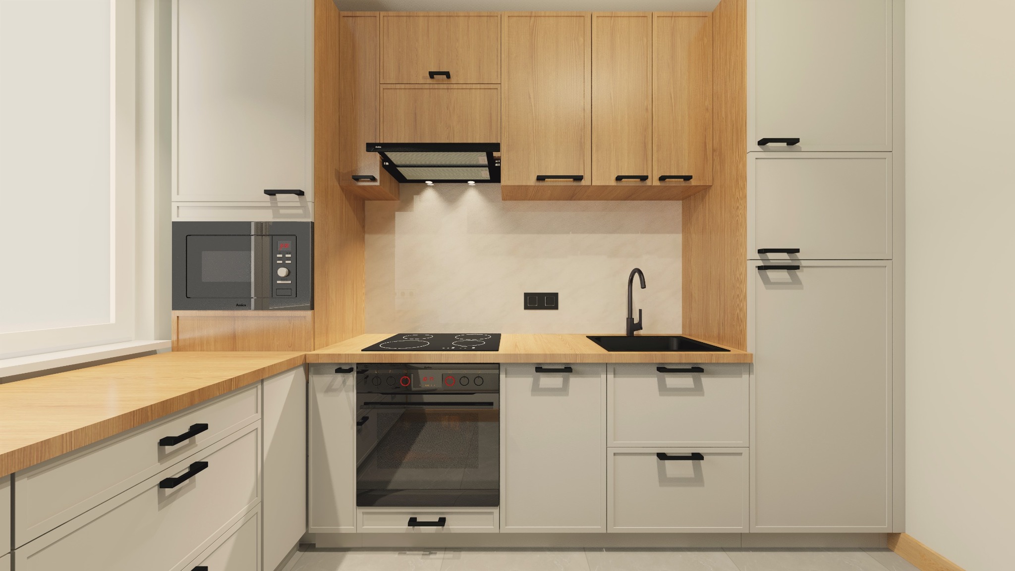 Wizualizacja kuchni z drewnianymi i białymi szafkami, czarną armaturą i sprzętami AGD, płyta indukcyjna i piekarnik z czerwonymi detalami.