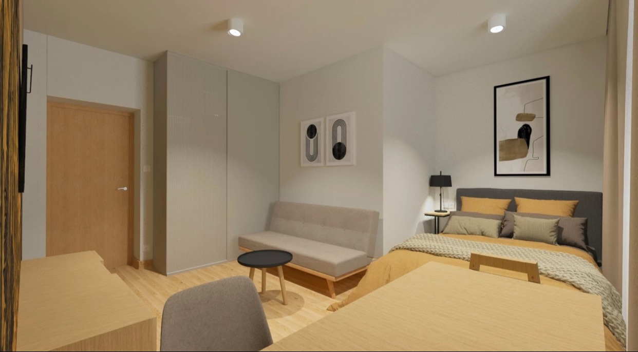 Wizualizacja jasnego pokoju z łóżkiem, sofą, stolikiem kawowym i biurkiem, minimalistyczne dekoracje ścienne, drewniana podłoga, neutralna kolorystyka.