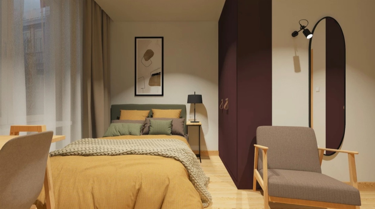 Wizualizacja sypialni z łóżkiem w odcieniach żółci i zieleni, brązową szafą, minimalistycznym krzesłem i owalnym lustrem z oświetleniem punktowym.