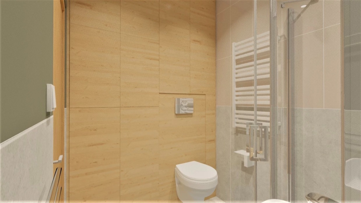 Wizualizacja łazienki z beżowymi płytkami imitującymi kamień, wisząca toaleta z ukrytym spłukiwaniem, szklana kabina prysznicowa z grzejnikiem drabinkowym.