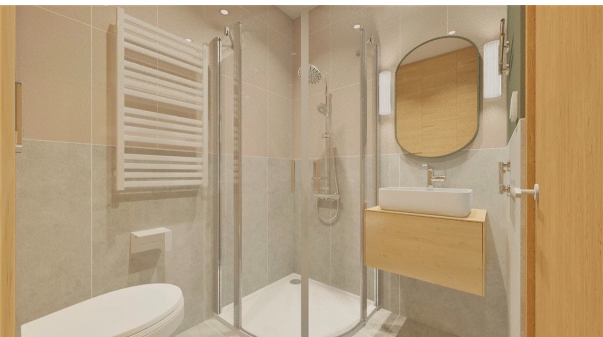 Wizualizacja łazienki z kabiną prysznicową, umywalką nablatową na szafce z jasnego drewna, grzejnikiem drabinkowym i owalnym lustrem z podświetleniem LED.