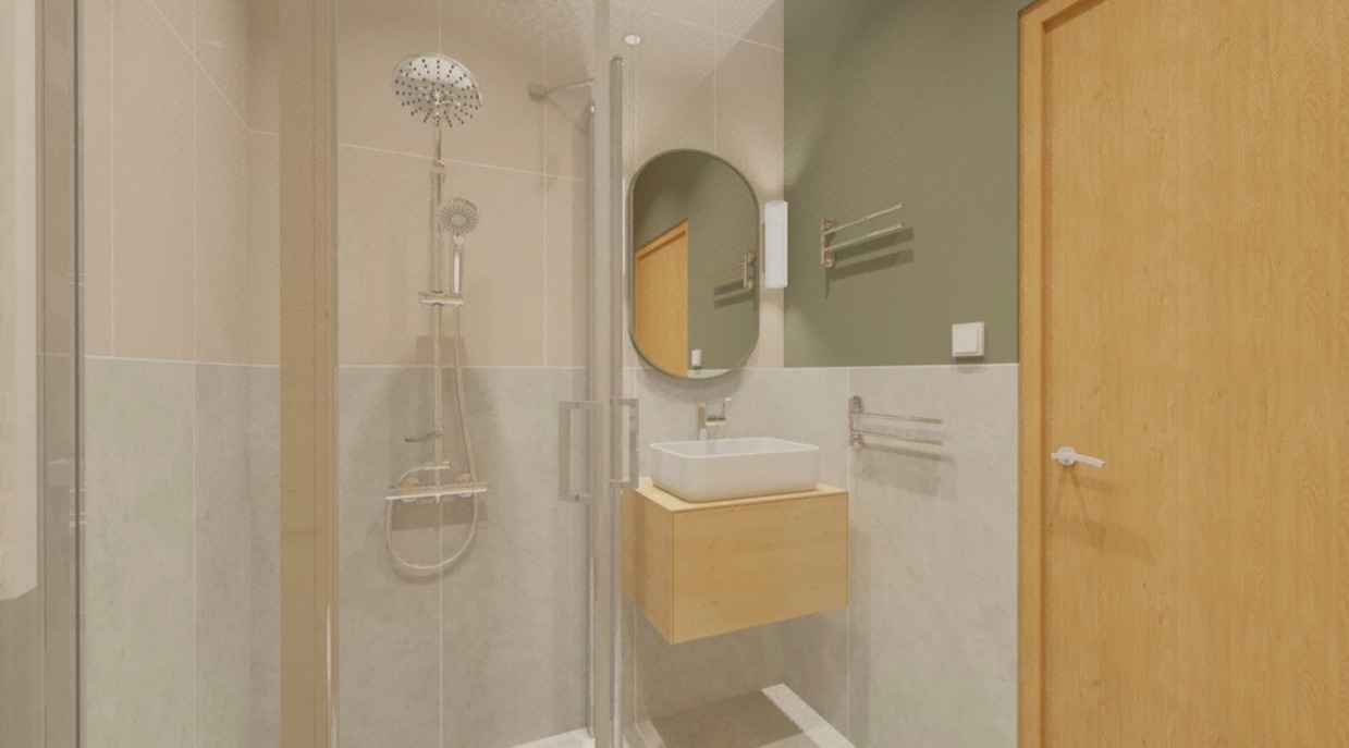 Wizualizacja łazienki z kabiną prysznicową z deszczownicą, owalnym lustrem nad umywalką na szafce z jasnego drewna i drewnianymi drzwiami, utrzymana w stonowanej kolorystyce beżu, szarości...