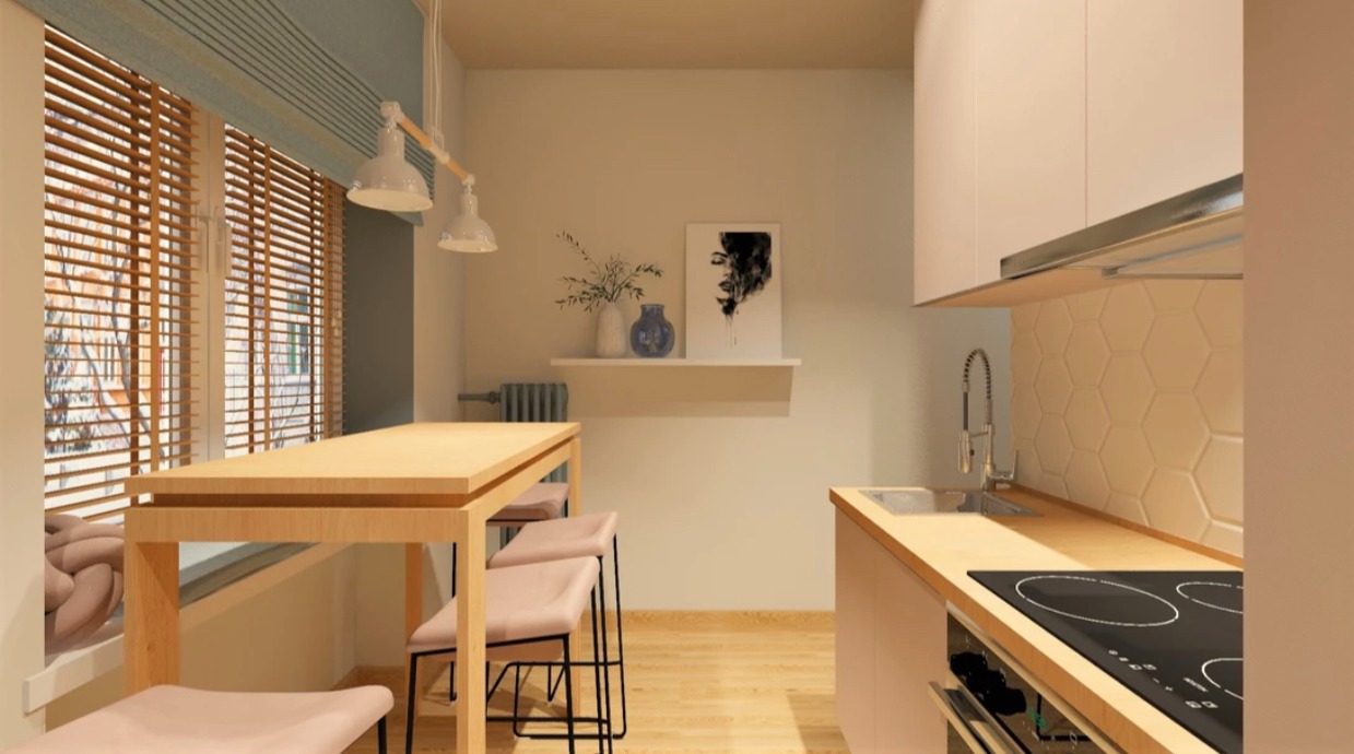 Wizualizacja jasnej kuchni z drewnianym stołem barowym, krzesłami w kolorze pudrowego różu, okno z żaluzjami, płytki heksagonalne na ścianie i dekoracje na półce.