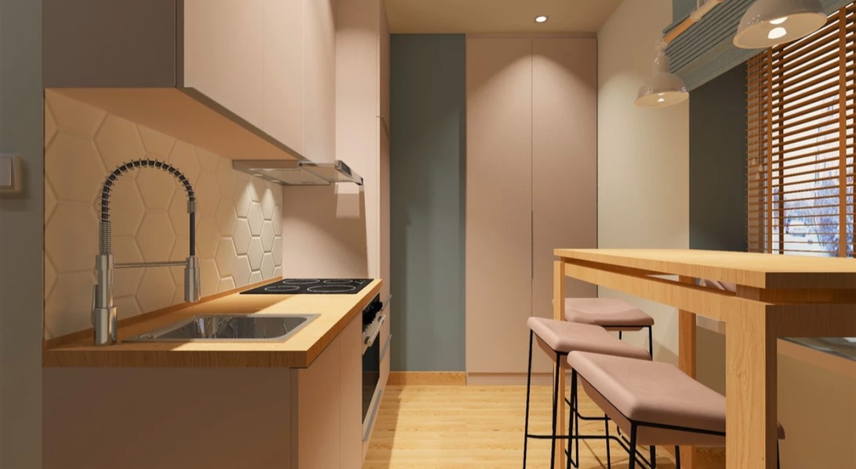 Wizualizacja kuchni w Gdańsku z heksagonalnymi płytkami nad blatem, drewnianym blatem i stołem barowym z hokerami w pastelowych kolorach.