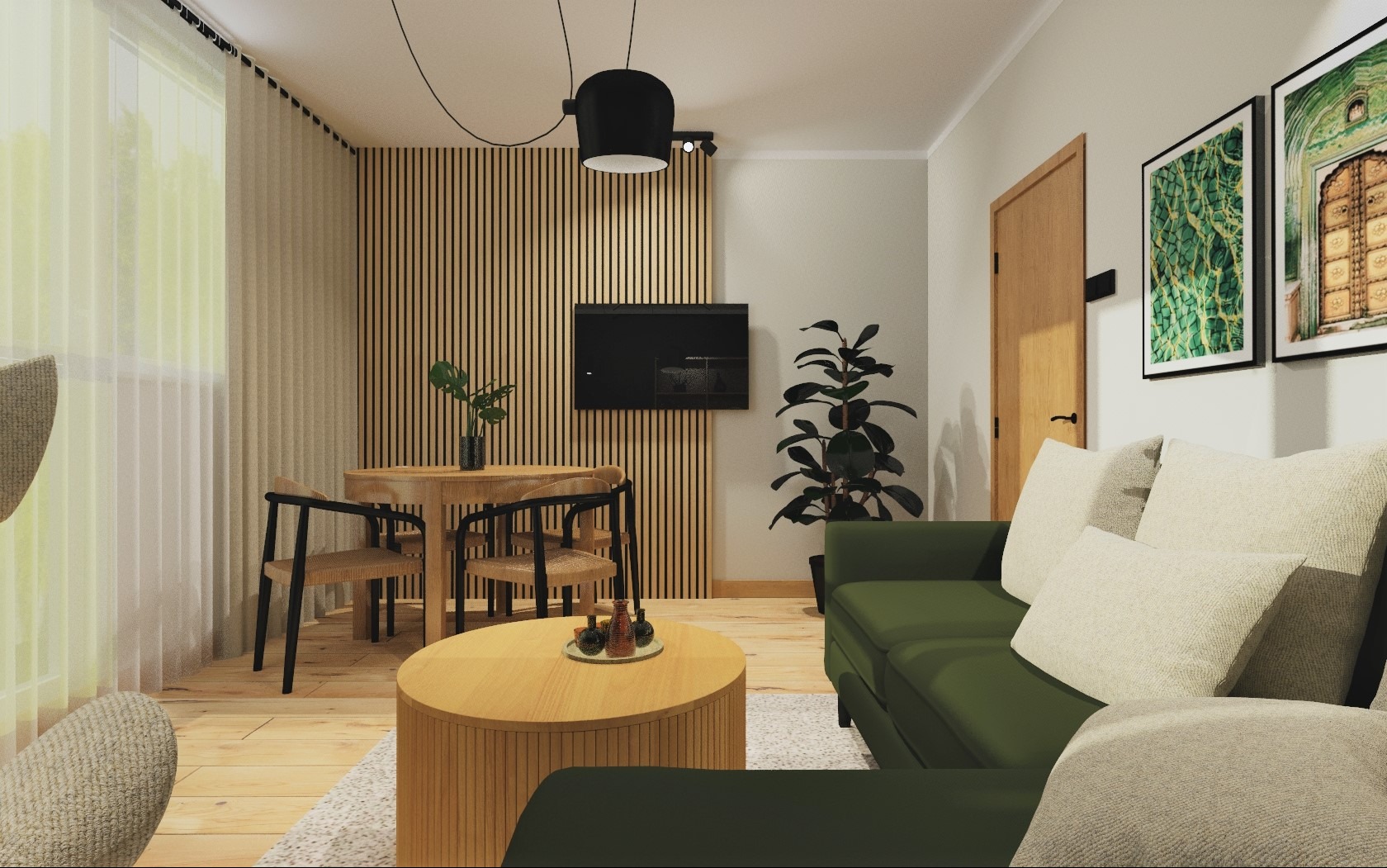Wizualizacja salonu z okrągłym stołem i krzesłami z rattanu, zieloną sofą i drewnianym panelem ściennym, uzupełniona o czarną lampę wiszącą i rośliny doniczkowe.