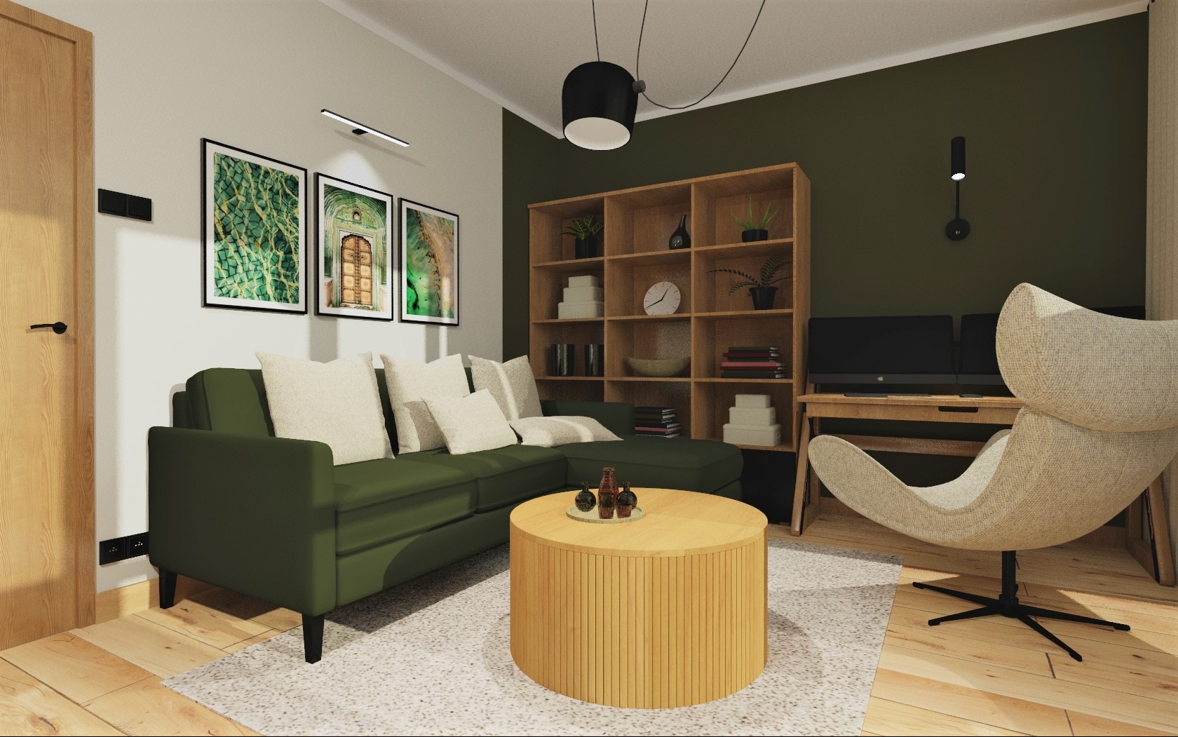 Wizualizacja salonu z zieloną sofą narożną, okrągłym stolikiem kawowym z drewna, beżowym fotelem typu muszelka i regałem z dekoracjami na tle ciemnozielonej ściany.