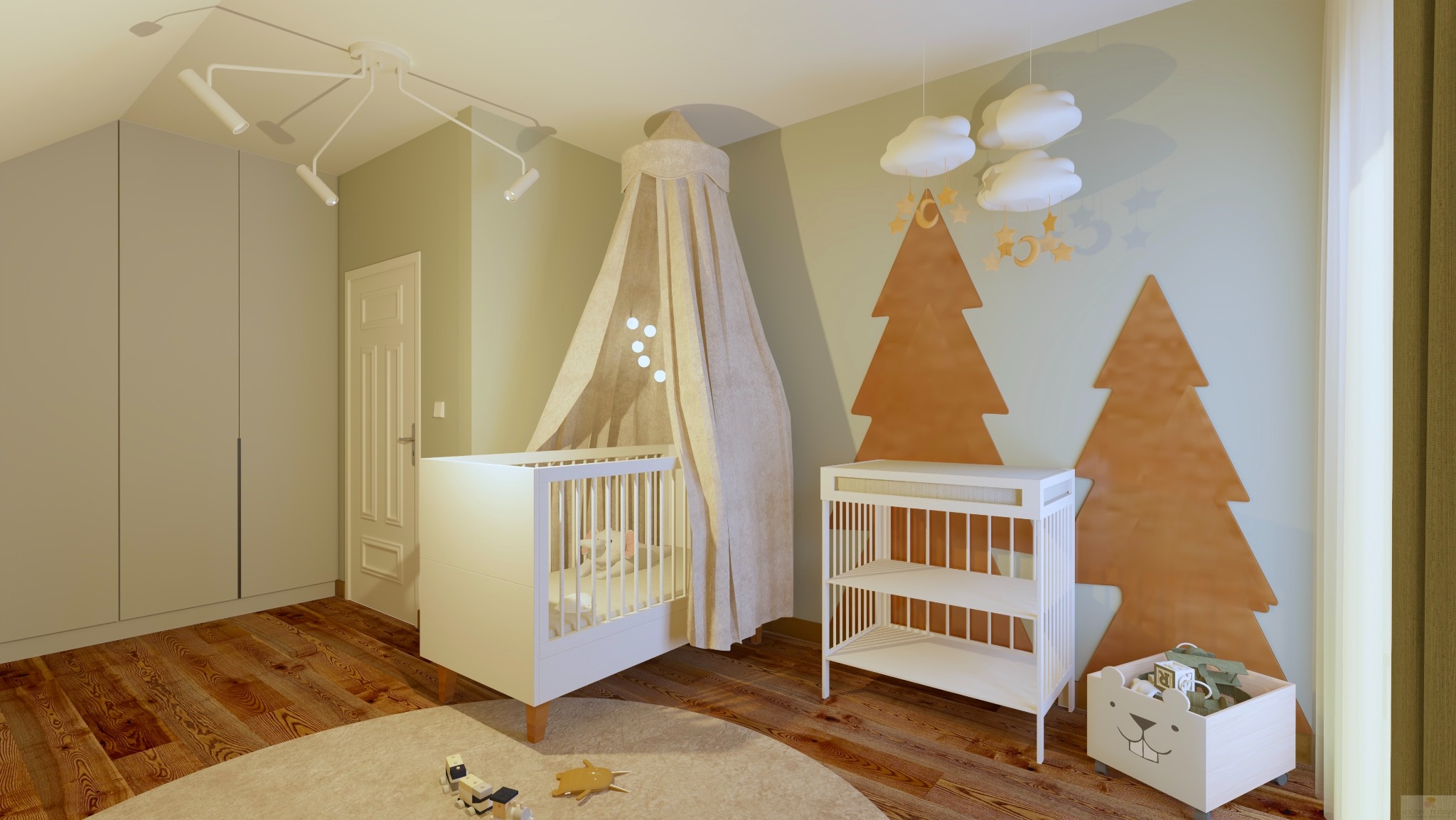 Wizualizacja pokoju dziecięcego z łóżeczkiem pod baldachimem, białą komodą, drewnianymi dekoracjami w kształcie choinek i lampą sufitową z regulowanymi ramionami.