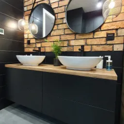 Nowoczesna łazienka z podwójną umywalką nablatową, czarnym blatem i szafką, lustrami w okrągłych ramach oraz ścianą z cegły, uzupełniona rośliną doniczkową.