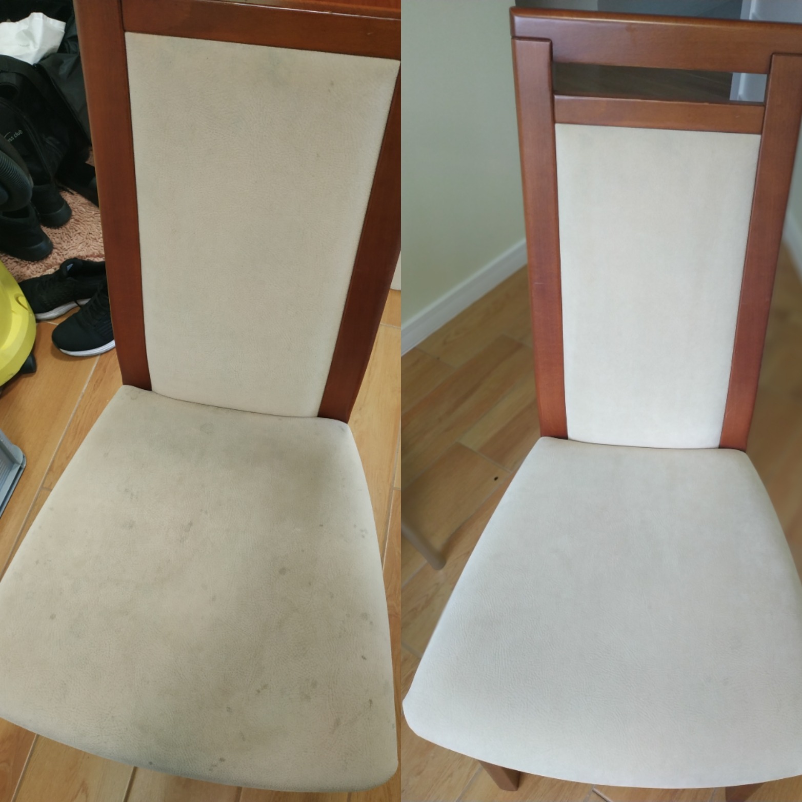 Krzesło z tapicerowanym siedziskiem, porównanie przed i po czyszczeniu. Po lewej stronie widoczne plamy na jasnej tapicerce, po prawej stronie czysta, odświeżona powierzchnia.