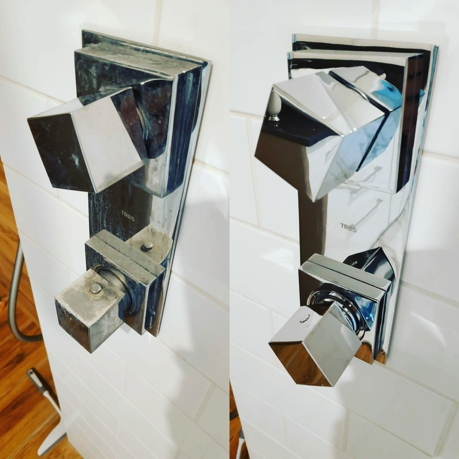 Porównanie: Chromowana bateria prysznicowa przed i po czyszczeniu, widoczne osady kamienia usunięte, białe płytki w tle.