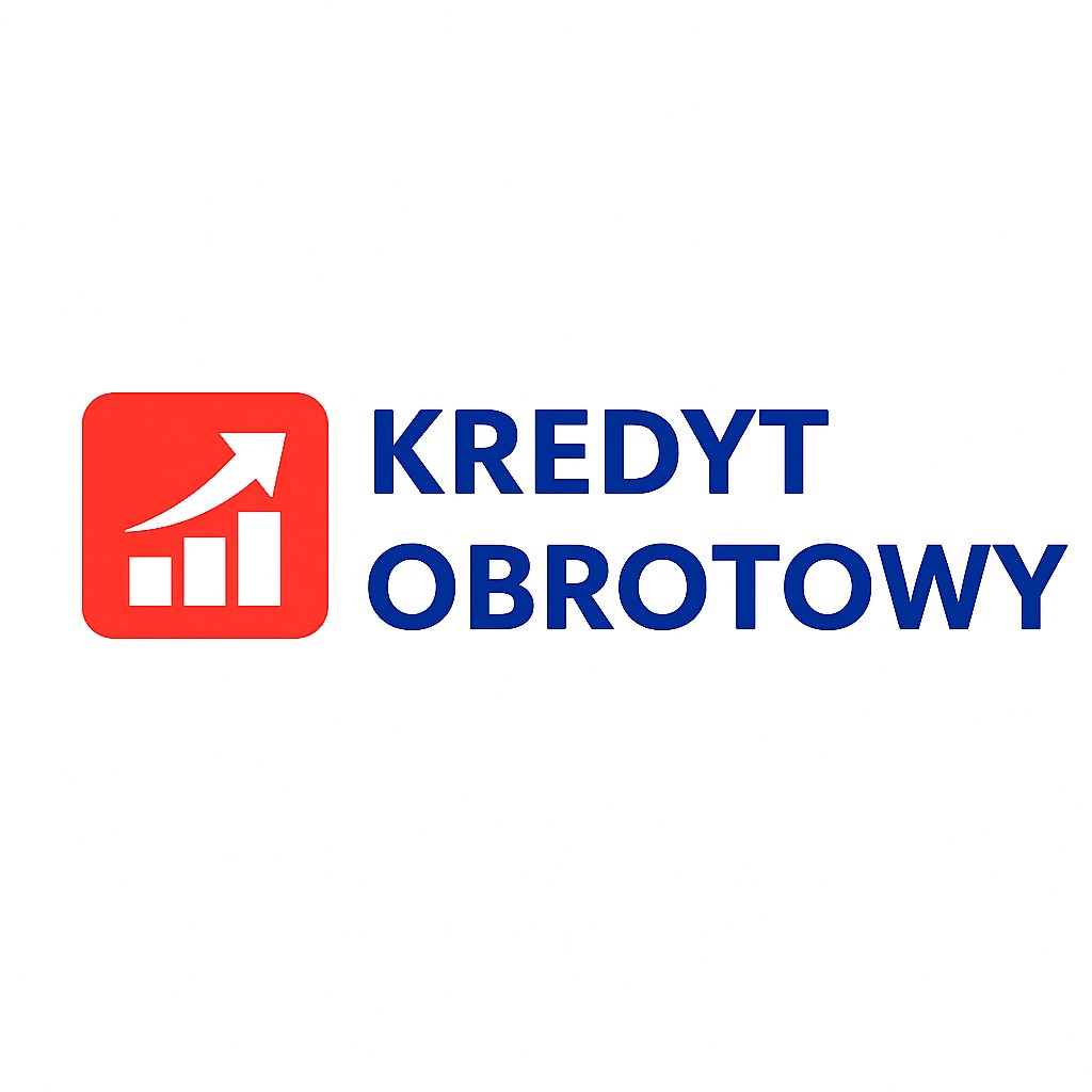 Grafika kredytu obrotowego z czerwonym logo wzrostu i tekstem w kolorze niebieskim. Oferta dla firm w Warszawie.