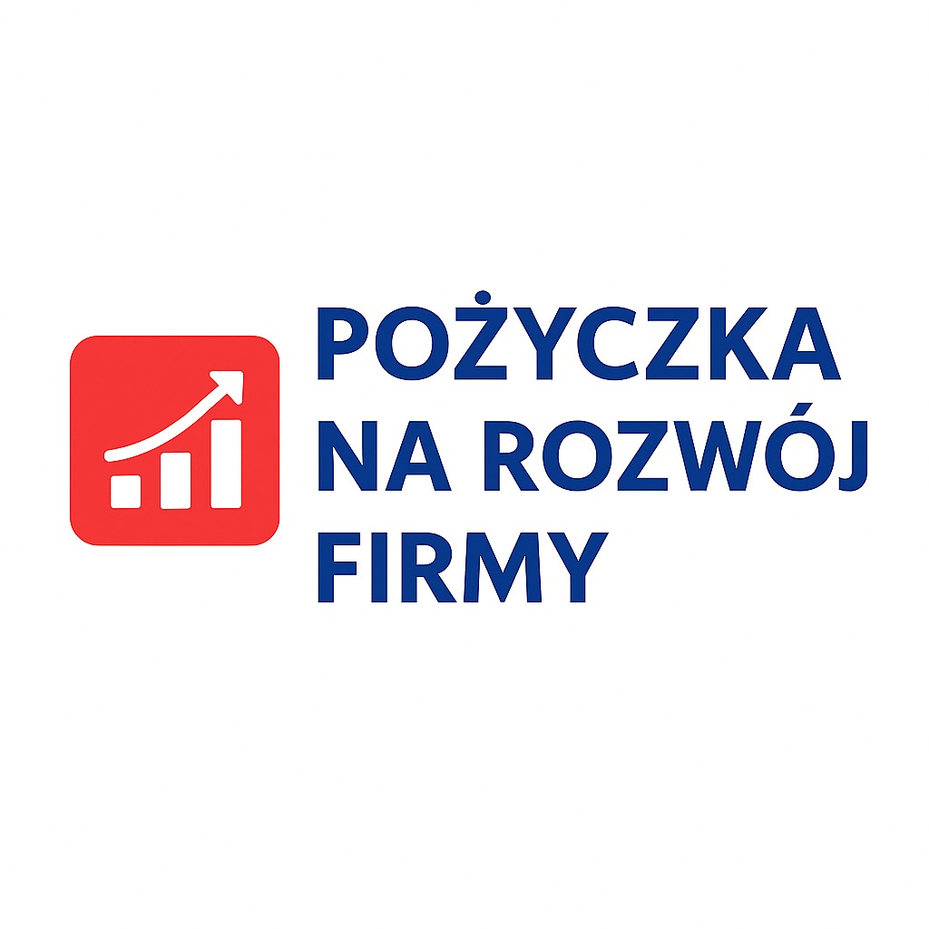Grafika: Czerwony kwadrat z wykresem wzrostu, obok niebieski napis 'Pożyczka na rozwój firmy' na białym tle. Prosta i czytelna kompozycja.