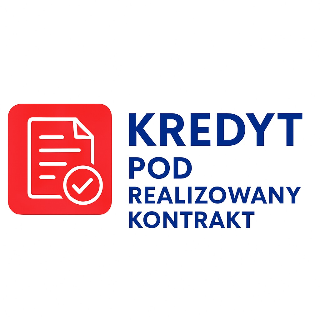 Grafika: Czerwona ikona dokumentu z symbolem akceptacji oraz niebieski napis 'Kredyt pod realizowany kontrakt' na białym tle. Minimalistyczny design.
