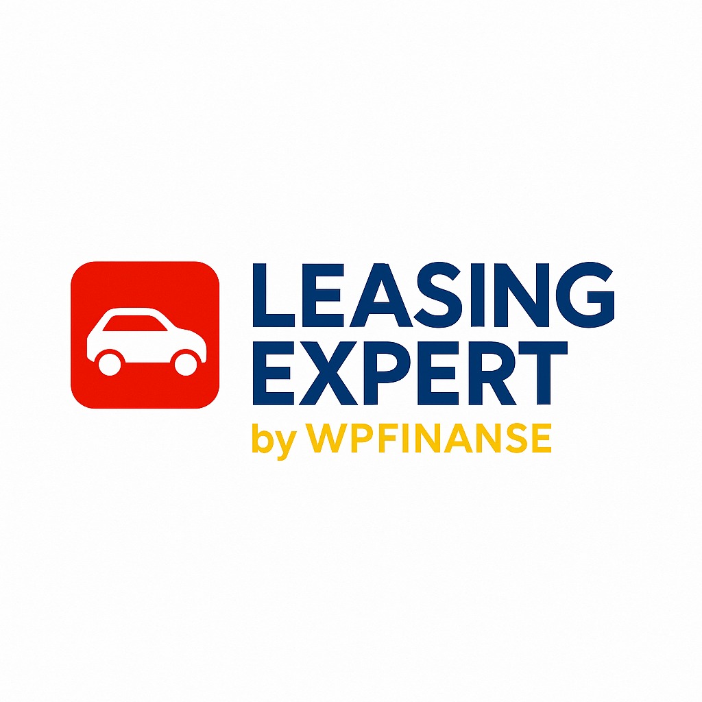 Logo firmy Leasing Expert by WPFINANSE. Czerwony kwadrat z ikoną białego samochodu po lewej, obok napis LEASING EXPERT w kolorze granatowym, a pod nim by WPFINANSE (żółty).