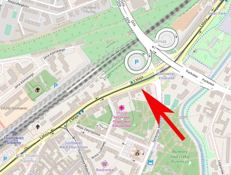 Mapa Sosnowca z zaznaczoną lokalizacją, widoczne ulice 3 Maja, Aleja Zwycięstwa, Ignacego Mościckiego, rzeka Przemsza, budynki SPZOZ Rejonowe Pogotowie Ratunkowe, Biedronka, stacja Sosnowiec Główny...