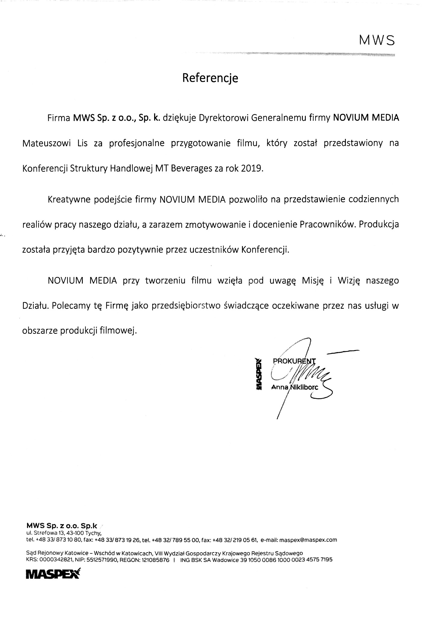 Referencje wystawione przez prokurenta Grupy Maspex