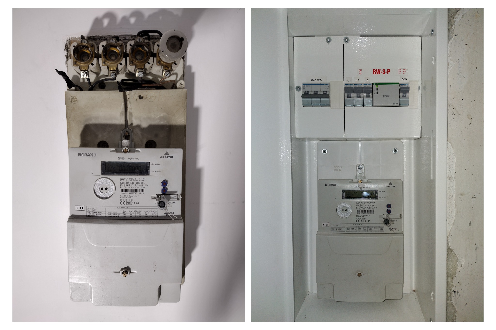 Dwa liczniki elektryczne: stary, z widocznymi bezpiecznikami topikowymi na górze, oraz nowy, umieszczony w białej obudowie z bezpiecznikami nad nim. Widoczne oznaczenia producenta Apator i Norax.