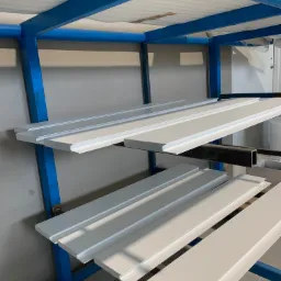 Białe, pomalowane listwy przypodłogowe na niebieskim regale w warsztacie, gotowe do wyschnięcia.