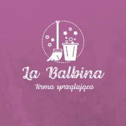 Logo firmy sprzątającej 'La Balbina' z grafiką wiadra z pianą, miotły i gwiazdek na fioletowym tle.