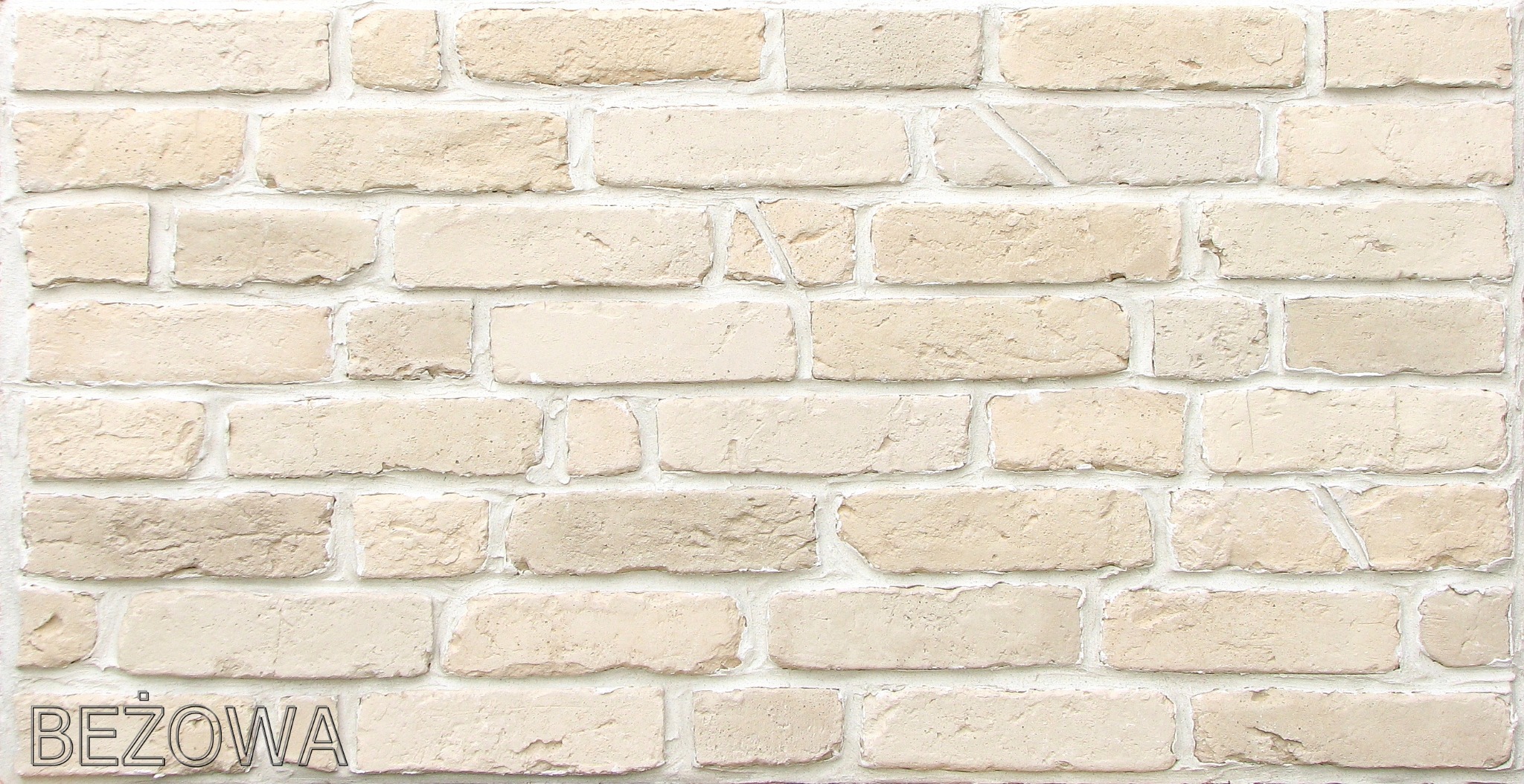 Beżowa ściana z cegieł dekoracyjnych z widoczną fakturą i fugami, z napisem 'BEŻOWA' w lewym dolnym rogu.