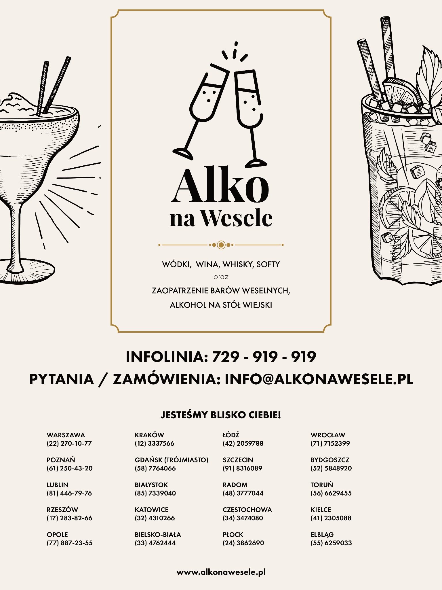Grafika reklamowa z rysunkami koktajli i toastu kieliszkami, informująca o zaopatrzeniu w alkohole na wesela, z numerem infolinii i adresem e-mail.