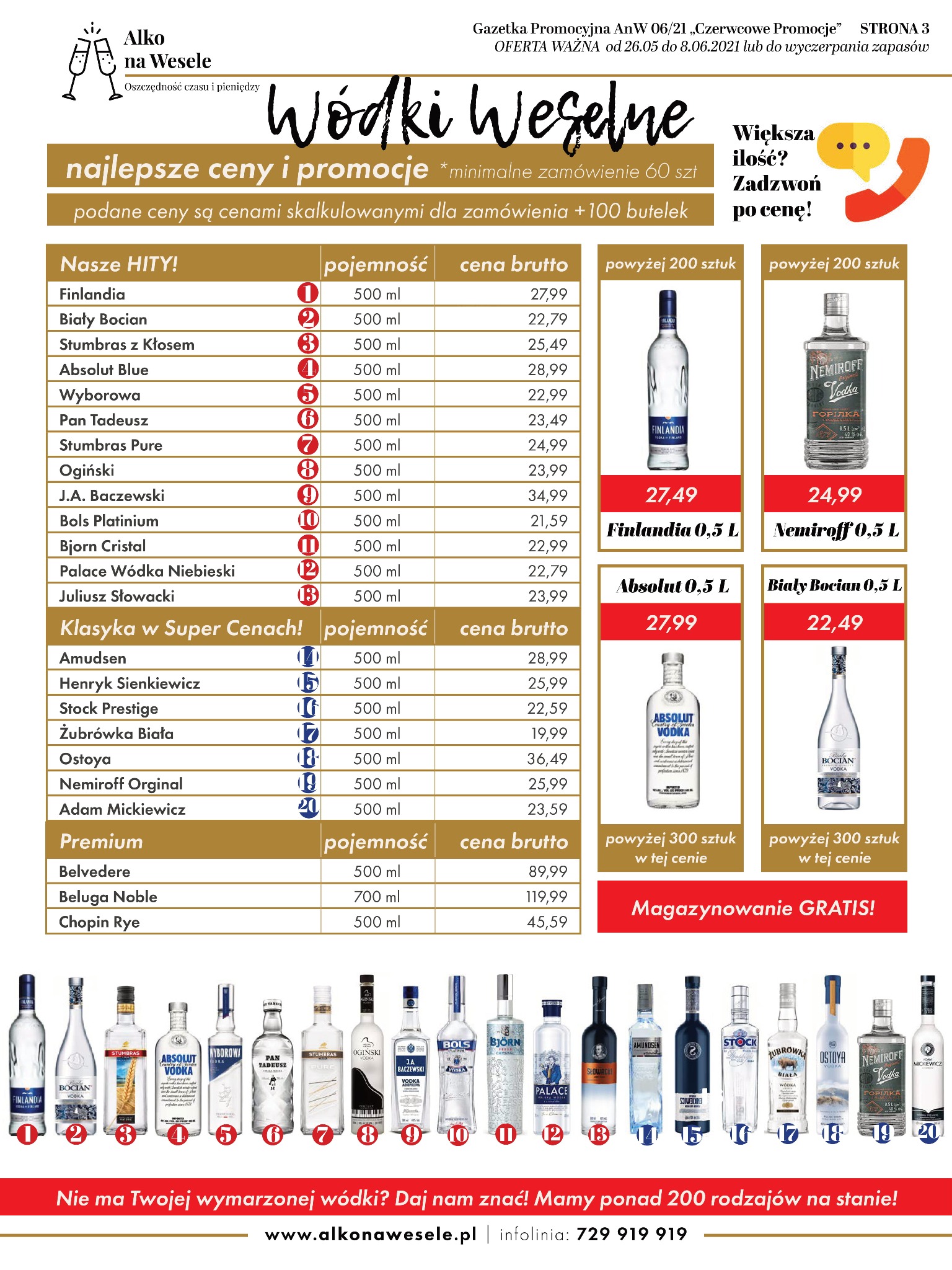 Gazetka promocyjna hurtowni alkoholi na wesele z ofertą cenową różnych marek wódek, w tym Finlandia, Biały Bocian, Stumbras, Absolut, Wyborowa, Pan Tadeusz, Ogiński, Bols, Nemiroff, Stock, Żubrówka...