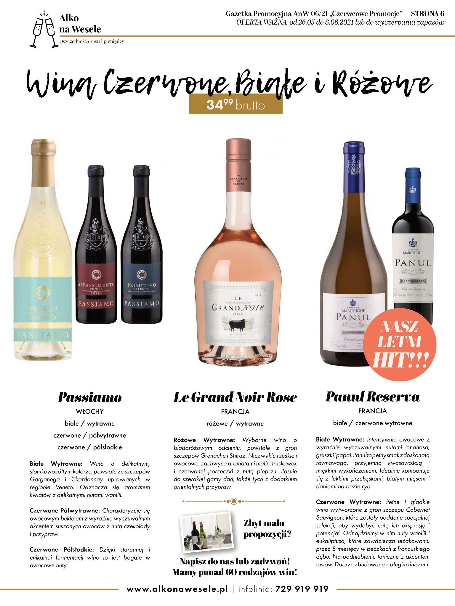 Zestaw butelek wina białego, czerwonego i różowego różnych marek, w tym Passiamo i Panul Reserva, prezentowany jako oferta promocyjna.