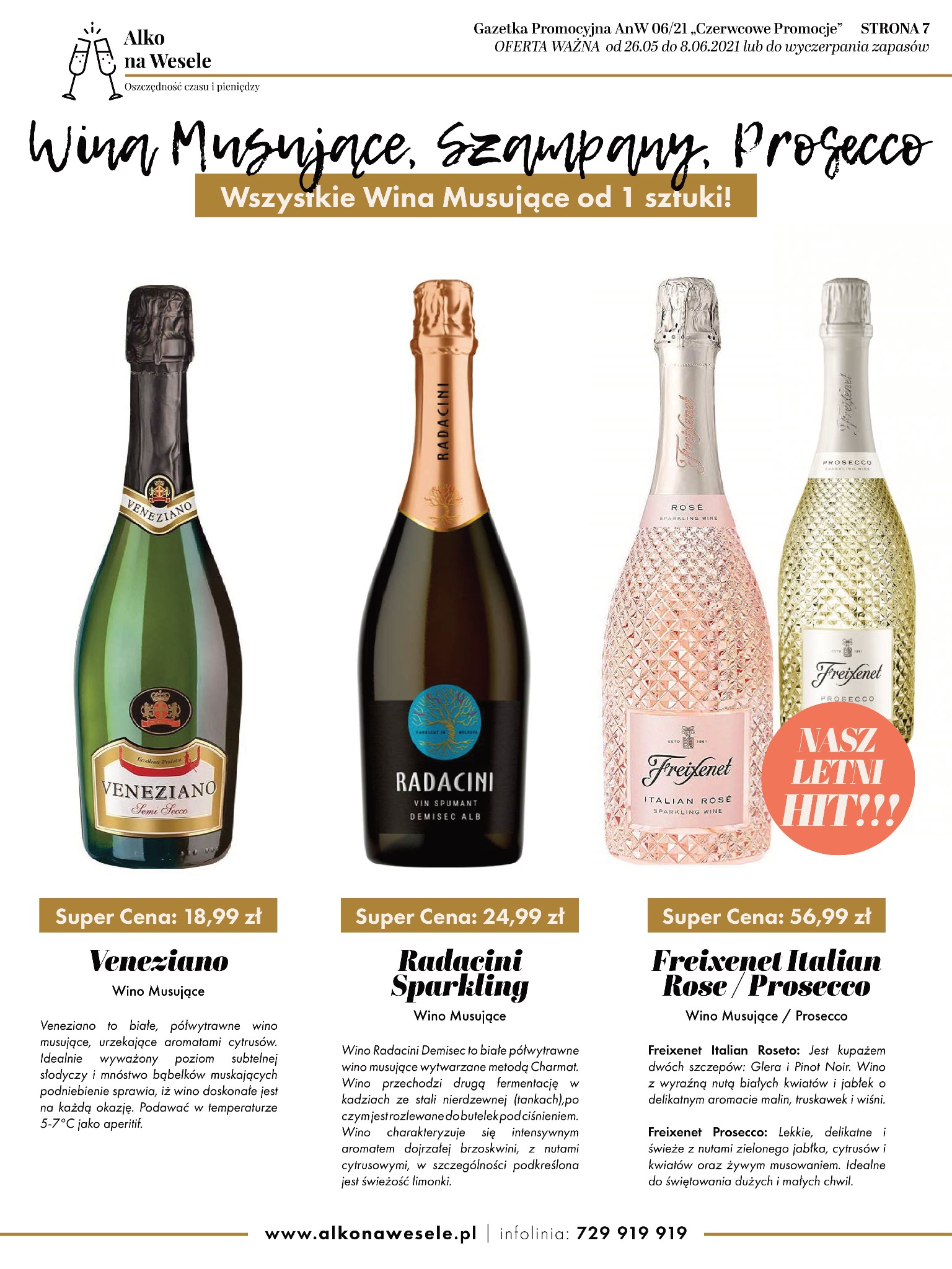 Gazetka promocyjna z czterema butelkami wina musującego różnych marek i cen, z etykietami Veneziano, Radacini Sparkling i Freixenet Italian Rose/Prosecco, na białym tle.