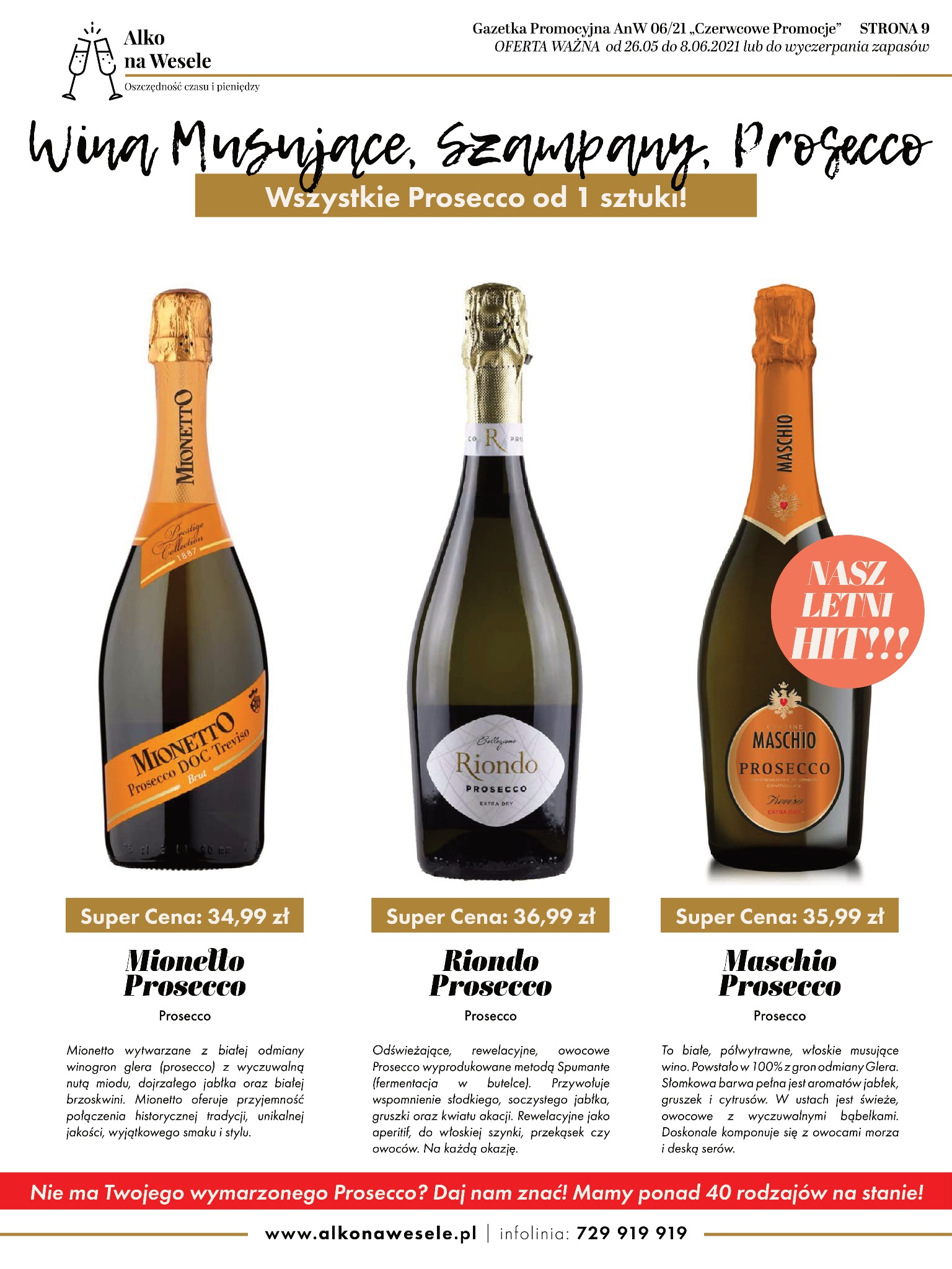 Trzy butelki prosecco różnych marek: Mionetto, Riondo i Maschio, prezentowane na białym tle w reklamie z cenami i opisami smaków.