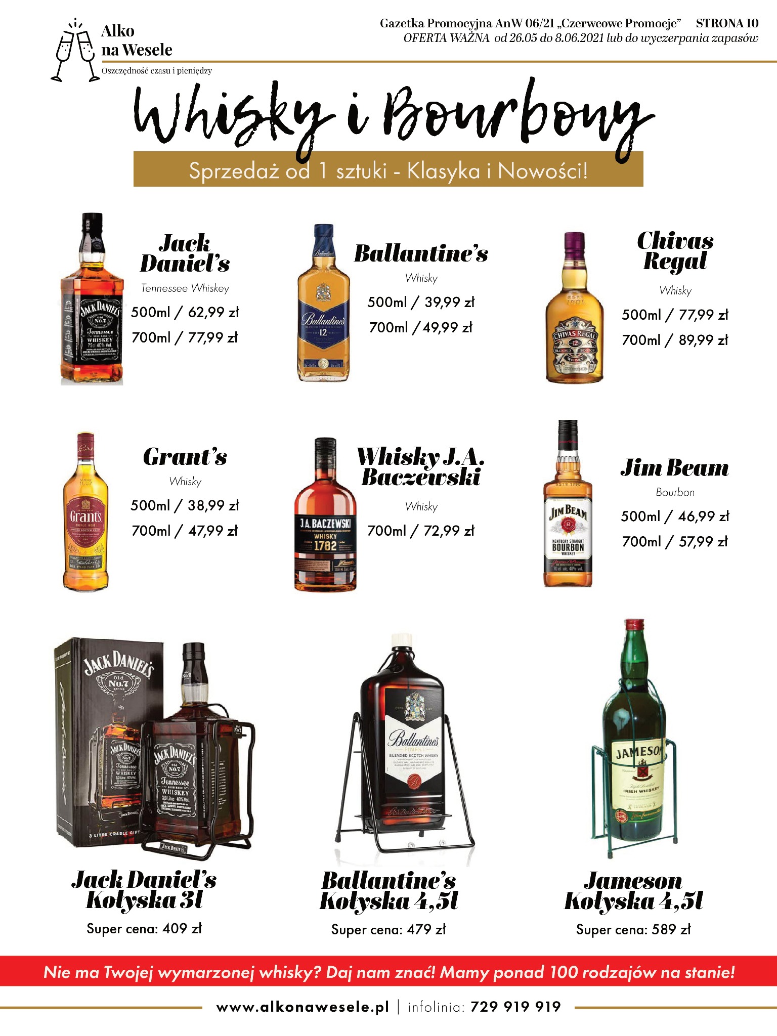 Promocyjna gazetka z cenami różnych marek whisky i bourbonu, w tym Jack Daniel's, Ballantine's, Chivas Regal, Grant's, J.A. Baczewski, Jim Beam i Jameson, z informacją o sprzedaży od jednej sztuki...