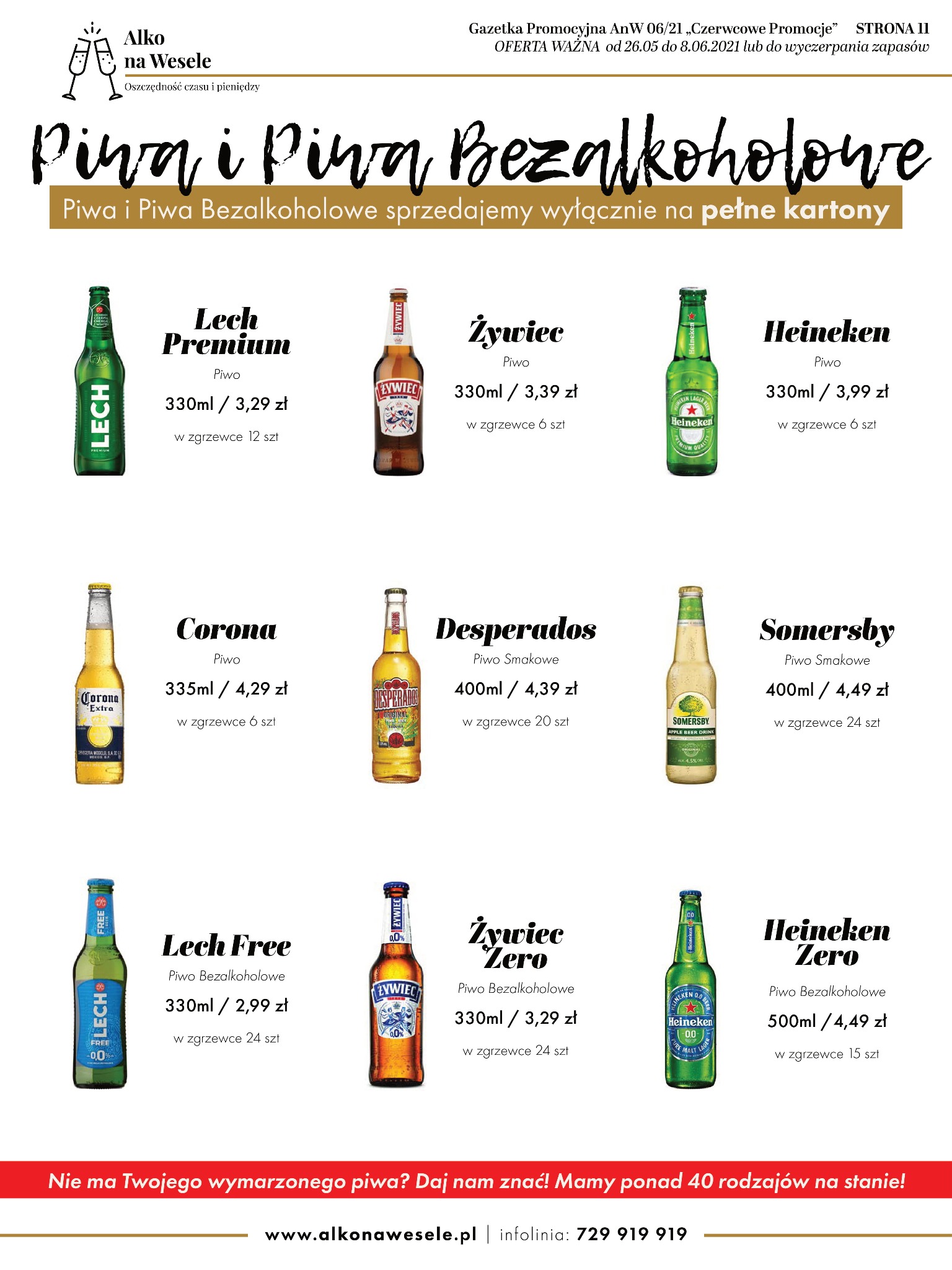 Promocyjna gazetka z ofertą różnych marek piw, zarówno alkoholowych, jak i bezalkoholowych, z podanymi cenami za butelkę i zgrzewkę.
