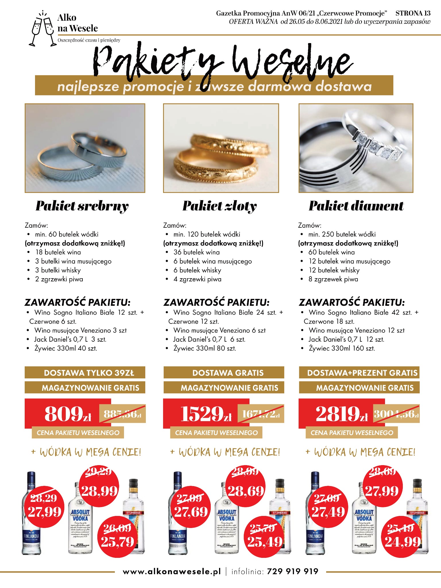 Ulotka reklamowa z ofertą pakietów alkoholi na wesele: srebrny, złoty i diamentowy, z wyszczególnioną zawartością i cenami oraz promocyjnymi cenami wódek.