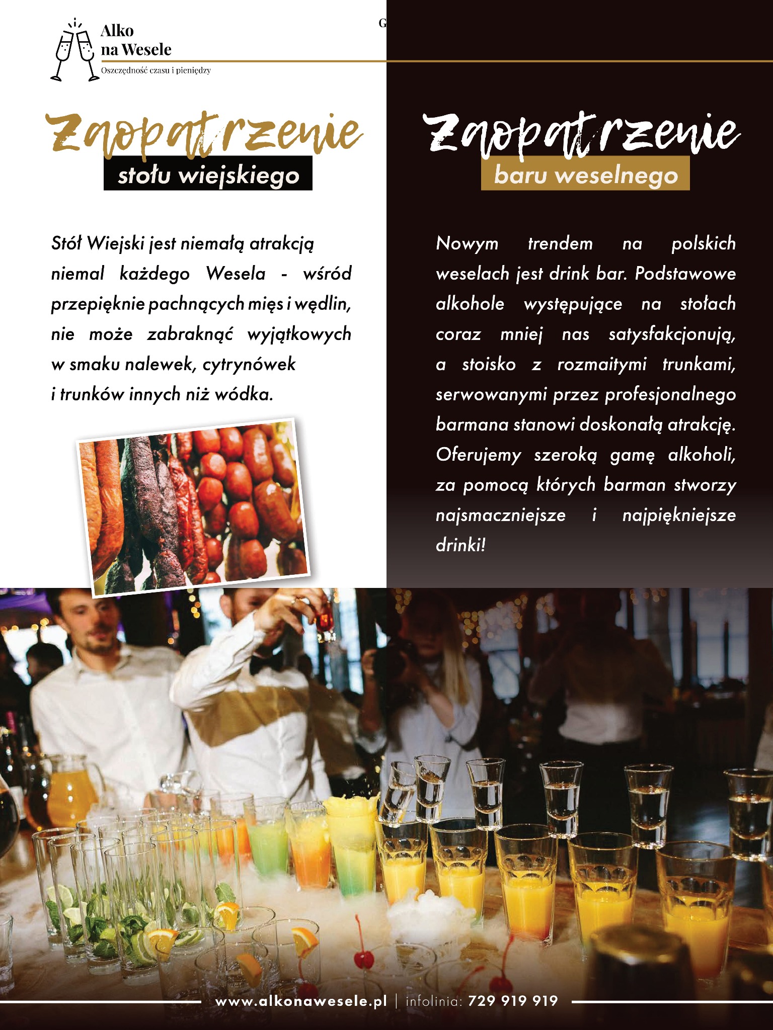 Reklama zaopatrzenia weselnego: po lewej stół wiejski z wędlinami, po prawej drink bar z kolorowymi koktajlami i shotami, udekorowany suchym lodem.