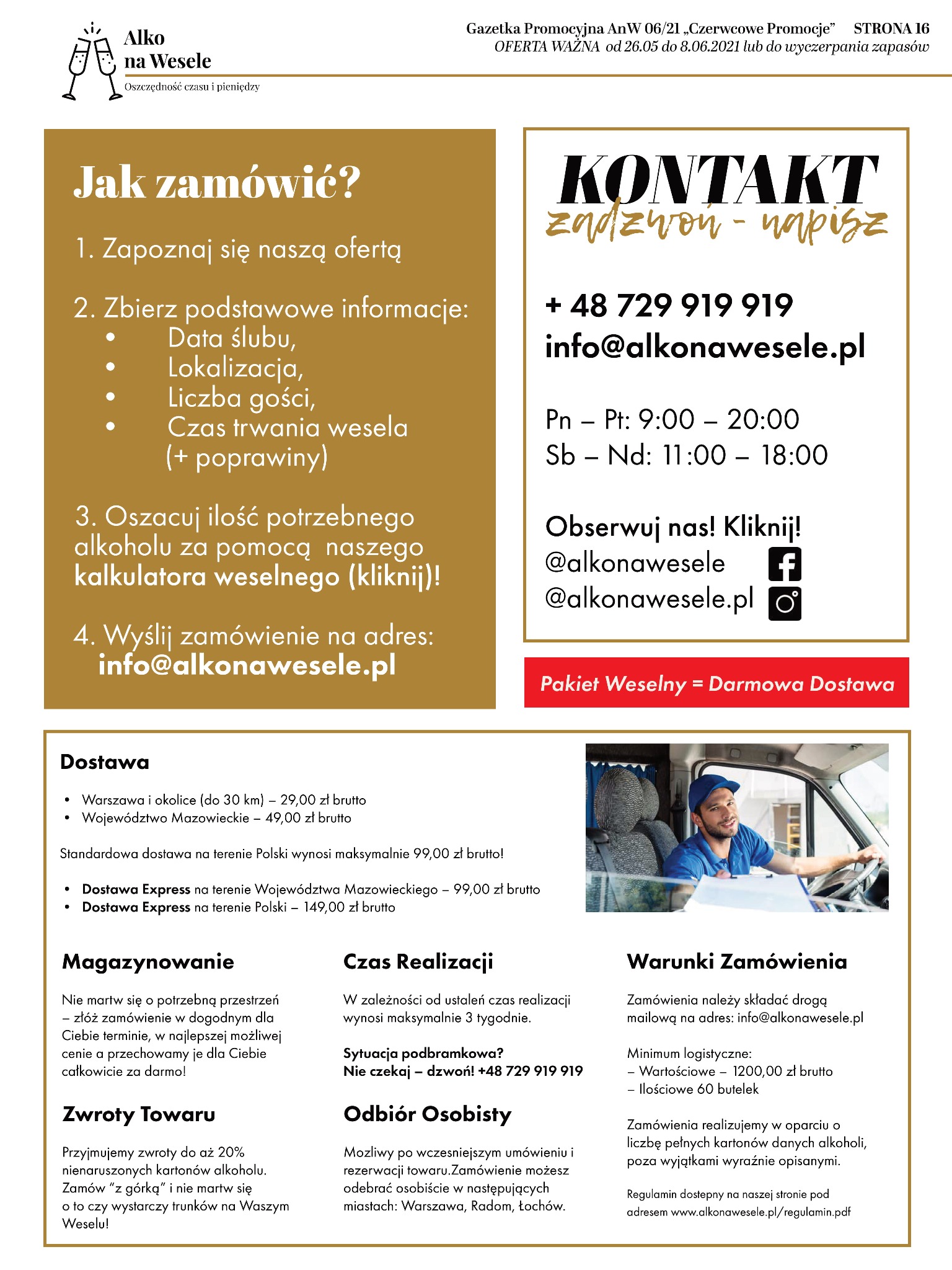 Promocyjna gazetka z ofertą firmy oferującej alkohol na wesela, prezentująca informacje o dostawie, warunkach zamówienia i kontakcie, wraz z uśmiechniętym dostawcą w samochodzie.