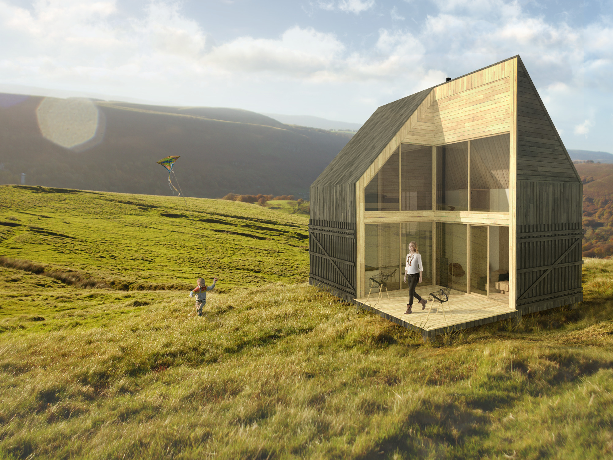 Nowoczesny, dwukondygnacyjny dom z drewnianą elewacją i dużymi przeszkleniami, usytuowany na wzgórzu z widokiem na dolinę; kobieta wychodzi na taras, a dziecko puszcza latawiec na łące.