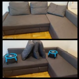 Dwuetapowe ujęcie narożnika z szarej tkaniny: przed (z poduszkami) i po czyszczeniu (z wentylatorami wspomagającymi suszenie).