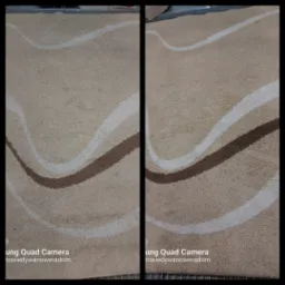 Porównanie fragmentu beżowego dywanu z wzorem fal przed i po praniu, widoczna różnica w czystości włókien.