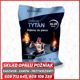 Worek z niebieską grafiką prezentujący węgiel orzech o nazwie 'Tytan', z ilustracją mężczyzny dźwigającego płonący ciężar, informacją o wartości energetycznej 26-28 MJ/kg i wadze 25kg.