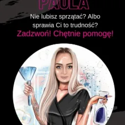 Grafika reklamowa firmy sprzątającej 'Paula' z ilustracją kobiety trzymającej szczotkę do kurzu i butelkę ze spryskiwaczem na tle czarnym z różowymi napisami.