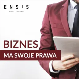 Projekt okładki podcastu z hasłem 'Biznes ma swoje prawa', mężczyzna w bordowym garniturze trzyma tablet.