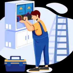 Ilustracja przedstawia elektryka w niebieskim kombinezonie, pracującego przy skrzynce rozdzielczej z kolorowymi kablami, obok drabina i skrzynka narzędziowa.