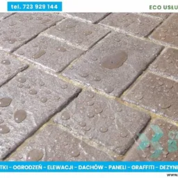 Kostka brukowa z kroplami wody po czyszczeniu, widoczne subtelne różnice w odcieniach poszczególnych kostek.