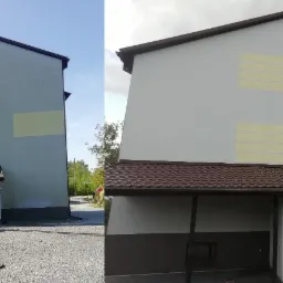 Dwuczęściowy obraz przedstawia etap przygotowania elewacji budynku do malowania: po lewej stronie widoczny podnośnik koszowy z pracownikiem zabezpieczającym fragmenty elewacji taśmą malarską, a po...