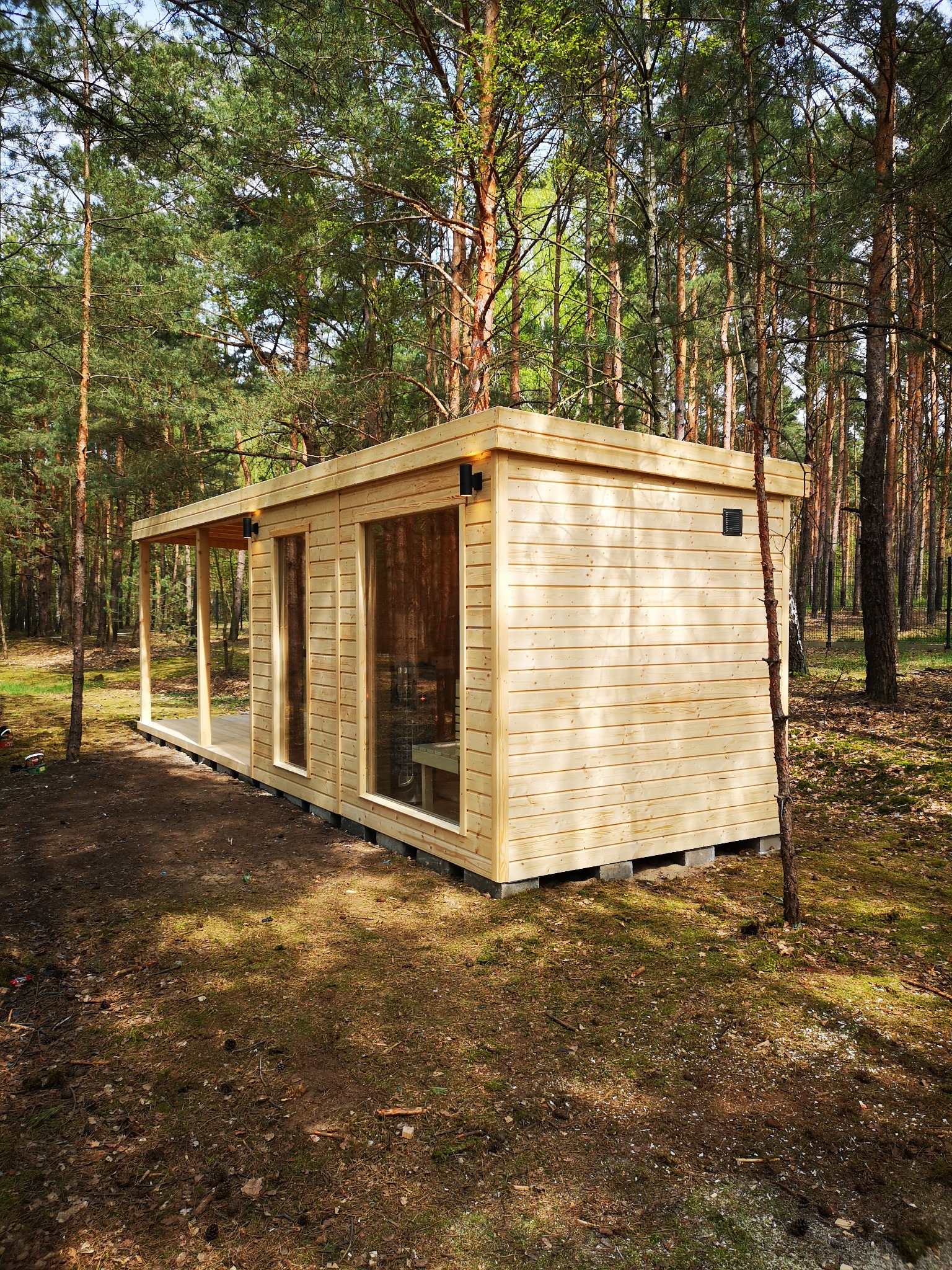 Drewniana sauna zewnętrzna z przeszklonymi ścianami, umieszczona w lesie sosnowym, z widocznym tarasem i oświetleniem zewnętrznym.