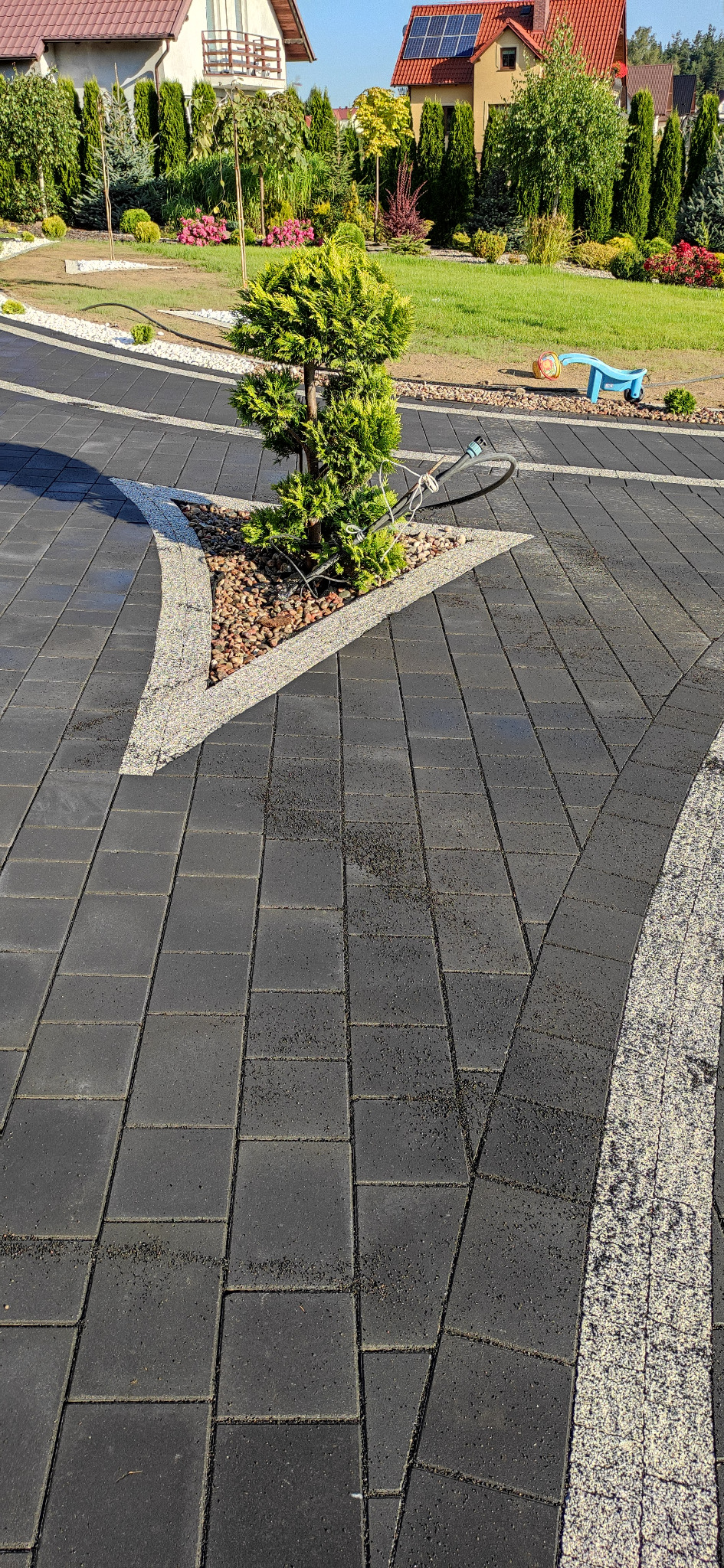 Czarna kostka brukowa ułożona w łukowaty wzór z obrzeżami z jasnego grysu, mały iglak posadzony w trójkątnym klombie wypełnionym kamykami, ogród z trawnikiem i dekoracyjnymi krzewami w tle.