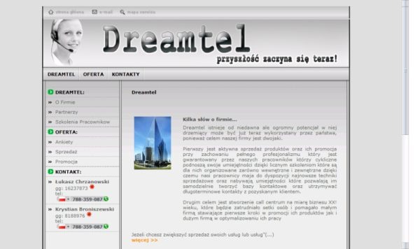 Zrzut ekranu strony internetowej firmy Dreamtel, z widocznym logo, menu nawigacyjnym, sekcjami 'O firmie', 'Oferta', 'Kontakt' oraz tekstem opisującym działalność firmy.