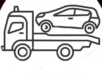 Czarno-biała ikona lawety z samochodem osobowym na platformie, widok z boku.