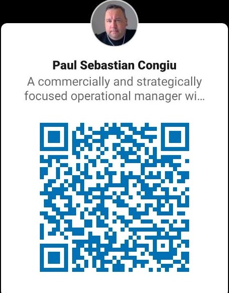 Karta wizytowa z imieniem Paul Sebastian Congiu, opisem stanowiska 'A commercially and strategically focused operational manager' oraz kodem QR i zdjęciem portretowym.