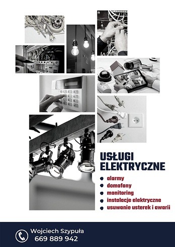 Czarno-biała kompozycja zdjęć prezentująca usługi elektryczne: narzędzia, instalacje, oświetlenie, alarm, monitoring, domofon, gniazdka i wtyczki, całość w formie grafiki reklamowej z danymi...