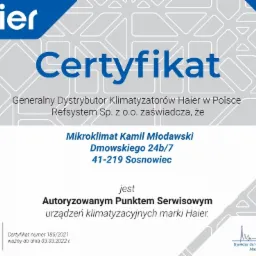Certyfikat autoryzacji punktu serwisowego urządzeń klimatyzacyjnych Haier dla firmy Mikroklimat Kamil Młodawski z Sosnowca, wydany przez Refsystem Sp. z o.o.